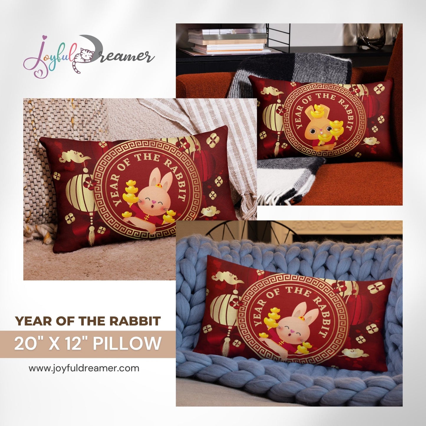 Premium Pillow | 18″×18″, 20″×12″, 22″×22″ | Year of the Rabbit 1 | Chinese Zodiac Sign