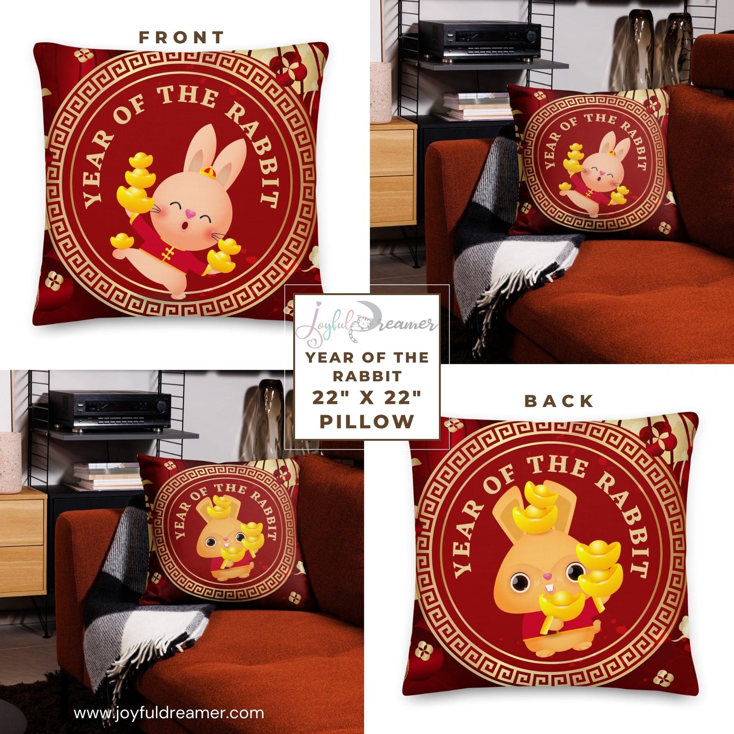 Premium Pillow | 18″×18″, 20″×12″, 22″×22″ | Year of the Rabbit 1 | Chinese Zodiac Sign