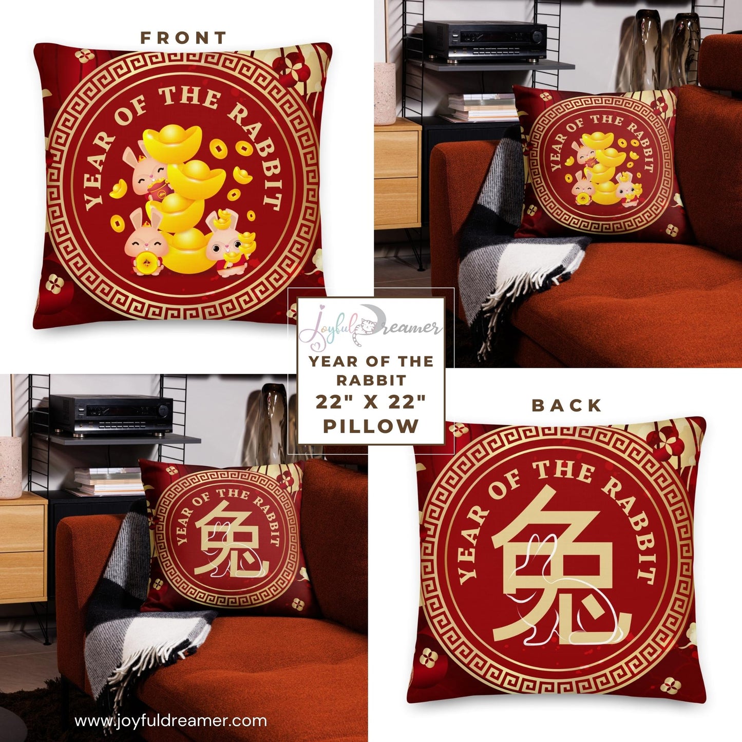 Premium Pillow | 18″×18″, 20″×12″, 22″×22″ | Year of the Rabbit 2 | Chinese Zodiac Sign