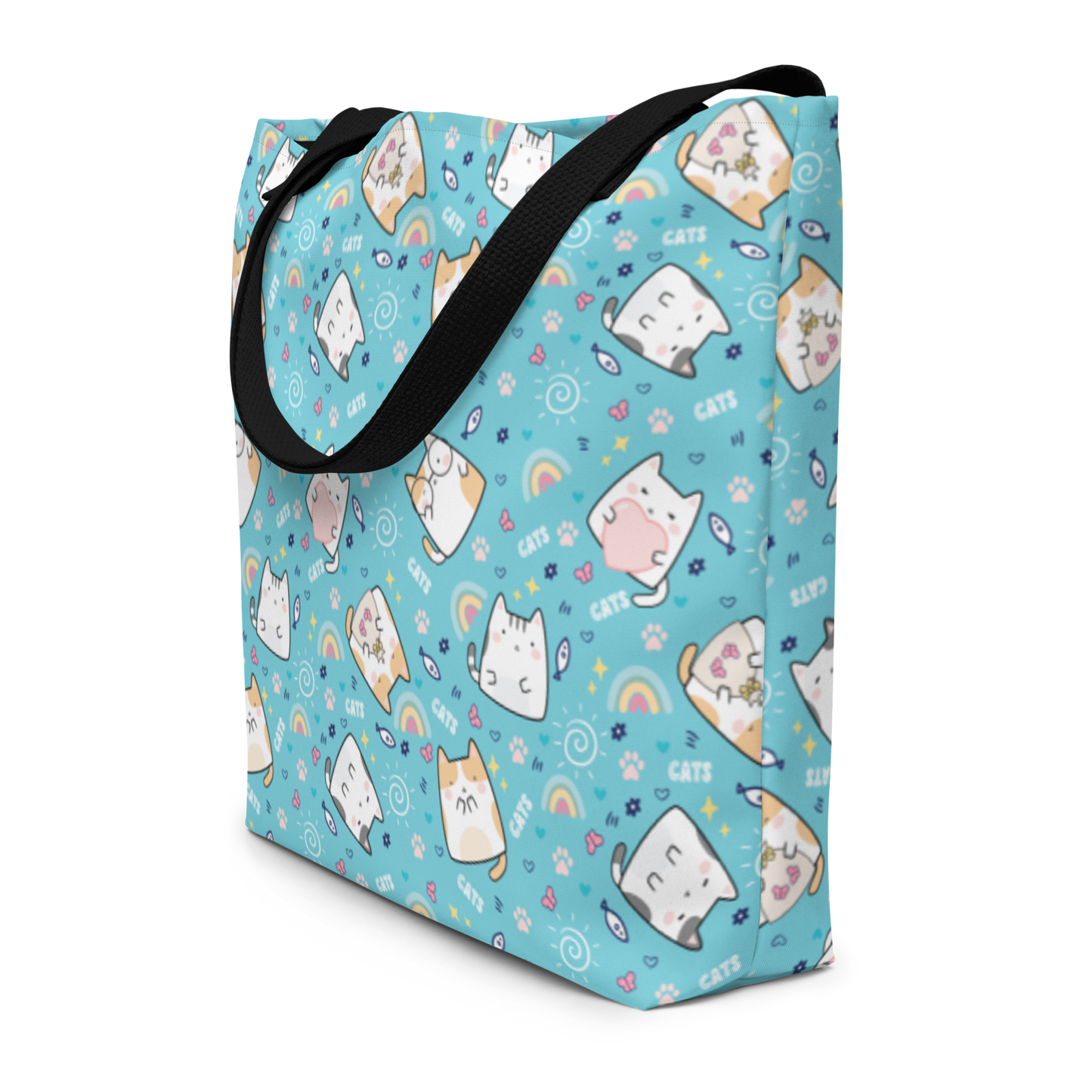 Large Tote Bag 16" x 20" | Cute Cat Blue Background