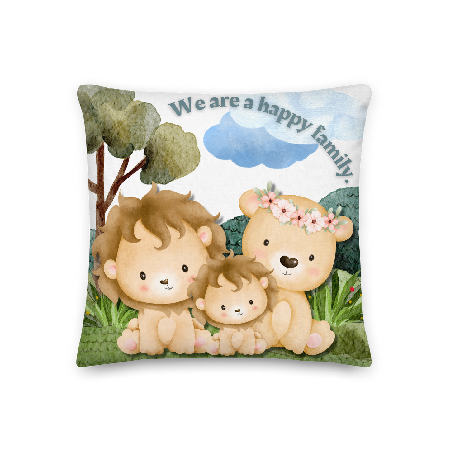 Premium Pillow | 18″×18″, 20″×12″, 22″×22″ | We are a happy family Lion | Animal Themed