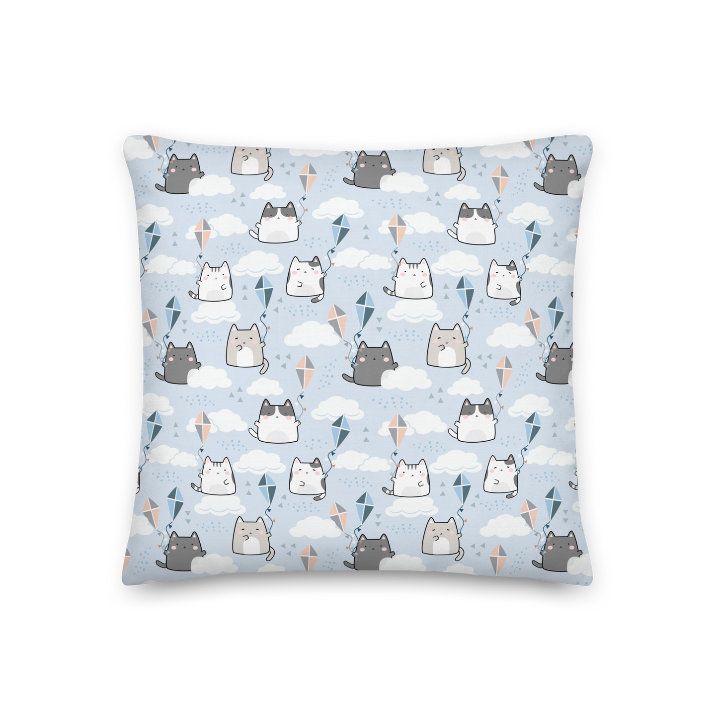 Premium Pillow | 18″×18″, 20″×12″, 22″×22″ | Cute Cat Cloud Kite Light Blue Themed