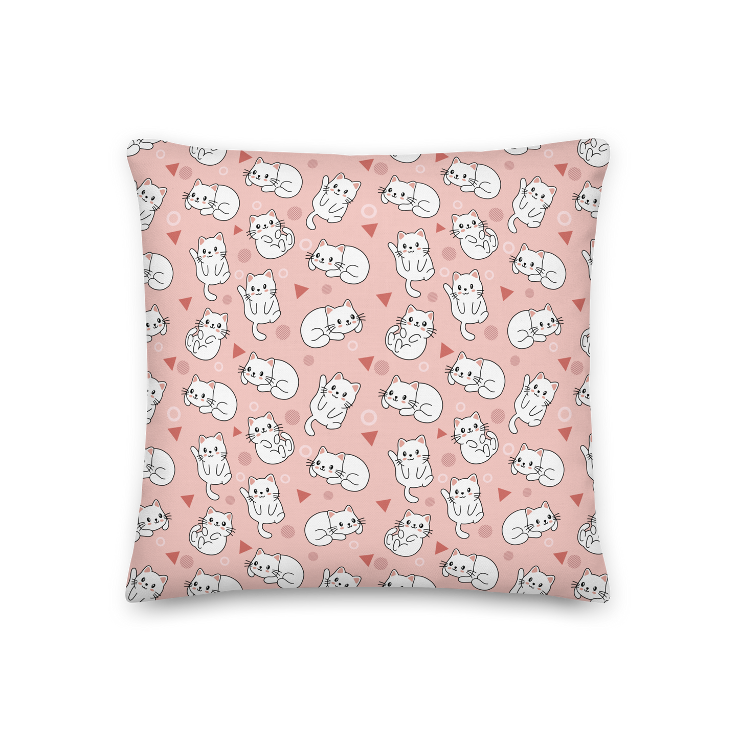 Premium Pillow | 18″×18″, 20″×12″, 22″×22″ | Pink Cute White Cat Themed