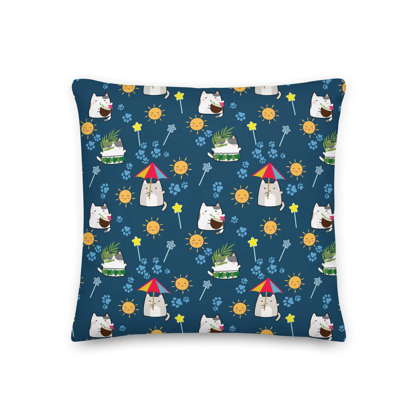 Premium Pillow | 18″×18″, 20″×12″, 22″×22″ | Dark Blue Cute Cat Summer Themed