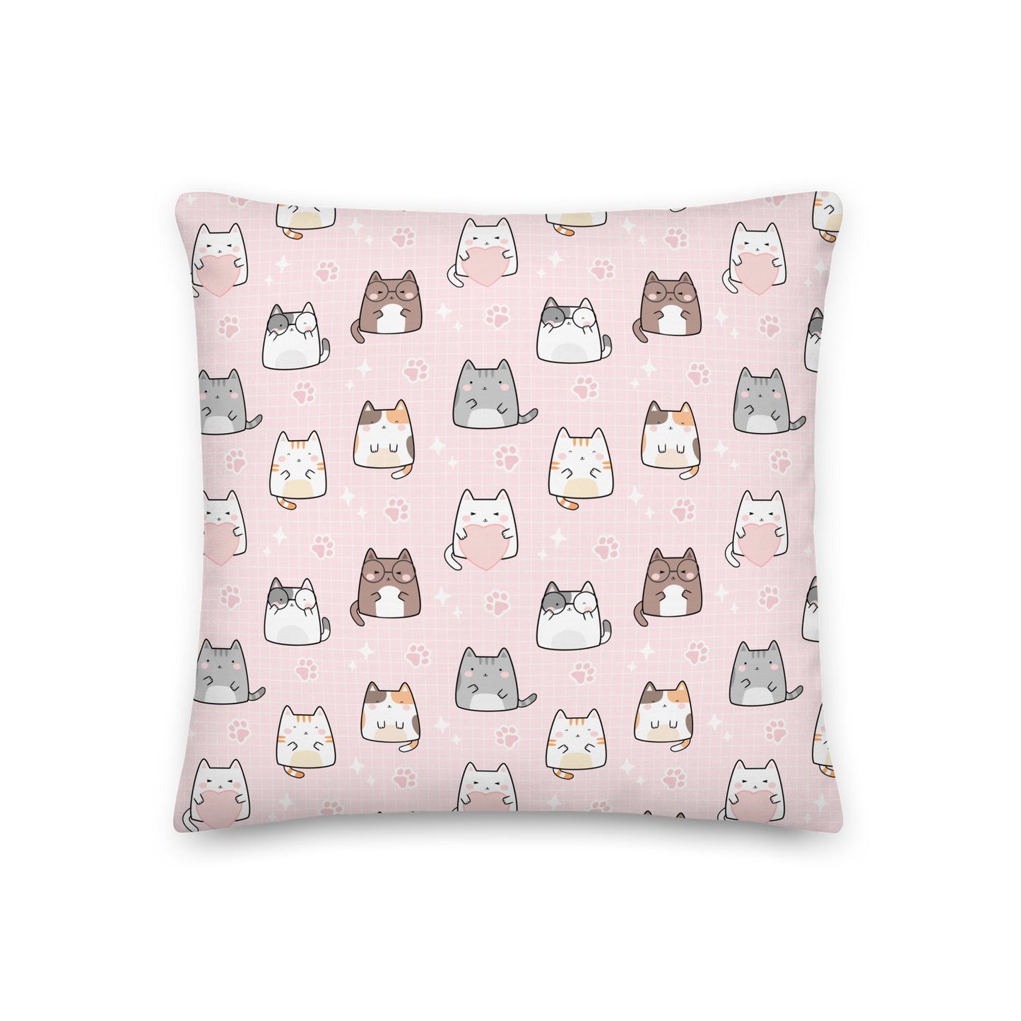 Premium Pillow | 18″×18″, 20″×12″, 22″×22″ | Cat Heart Pink Background