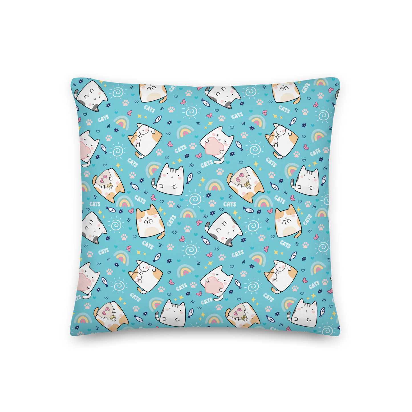 Premium Pillow | 18″×18″, 20″×12″, 22″×22″ | Cat with Heart Blue Background