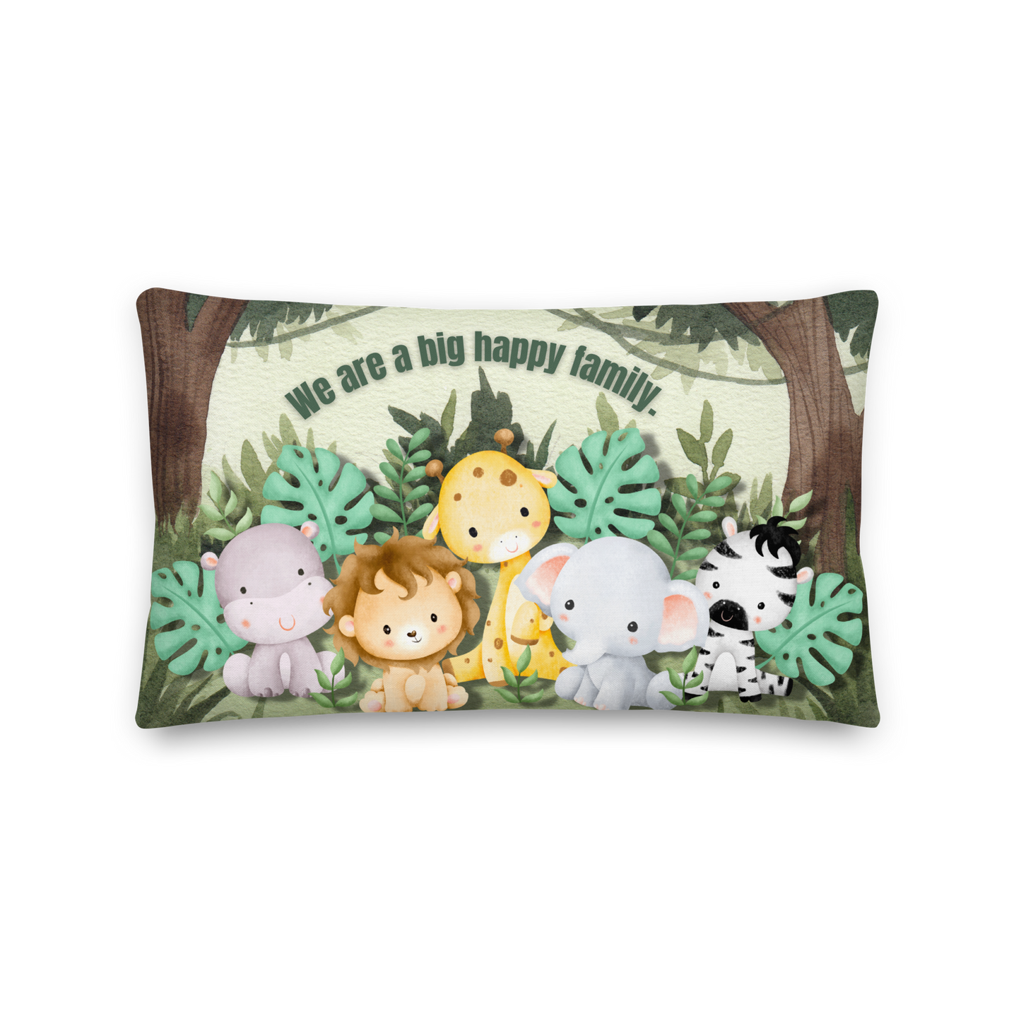 Premium Pillow | 18″×18″, 20″×12″, 22″×22″ | We are a Big Happy Family | Animal Themed