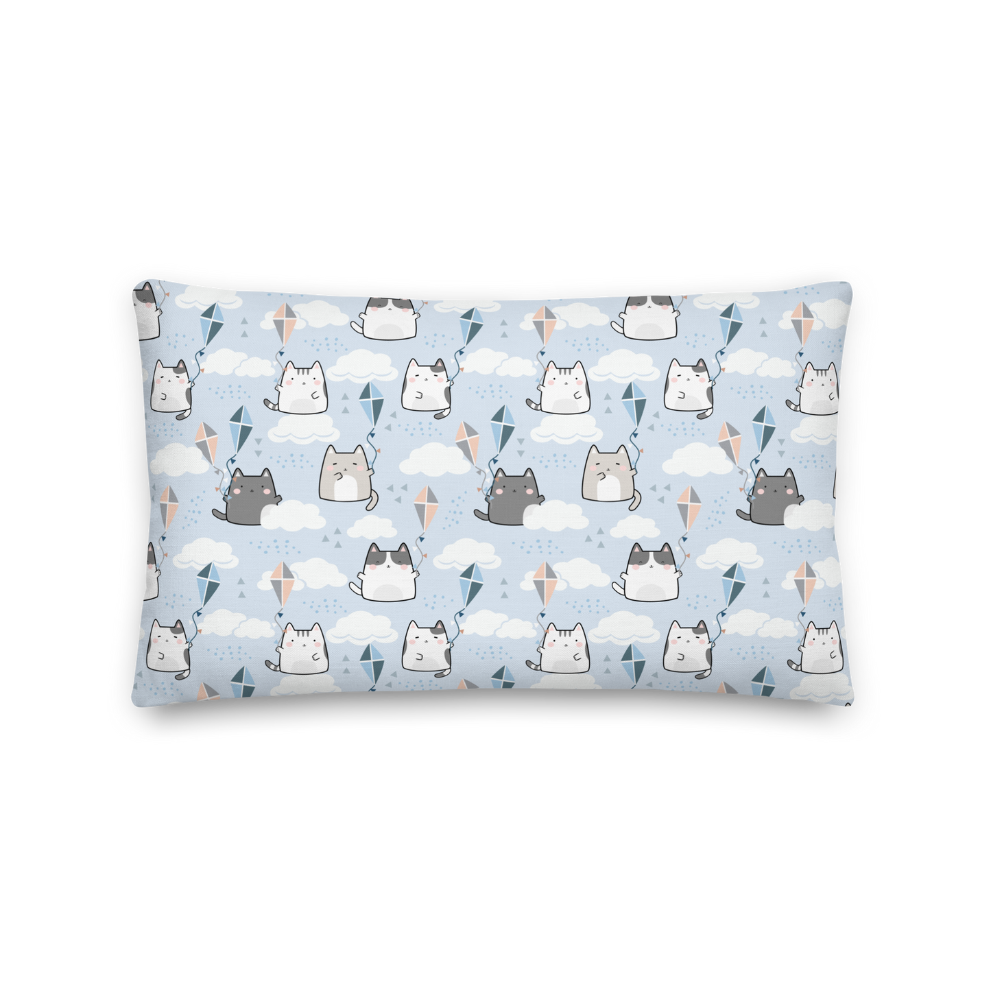 Premium Pillow | 18″×18″, 20″×12″, 22″×22″ | Cute Cat Cloud Kite Light Blue Themed