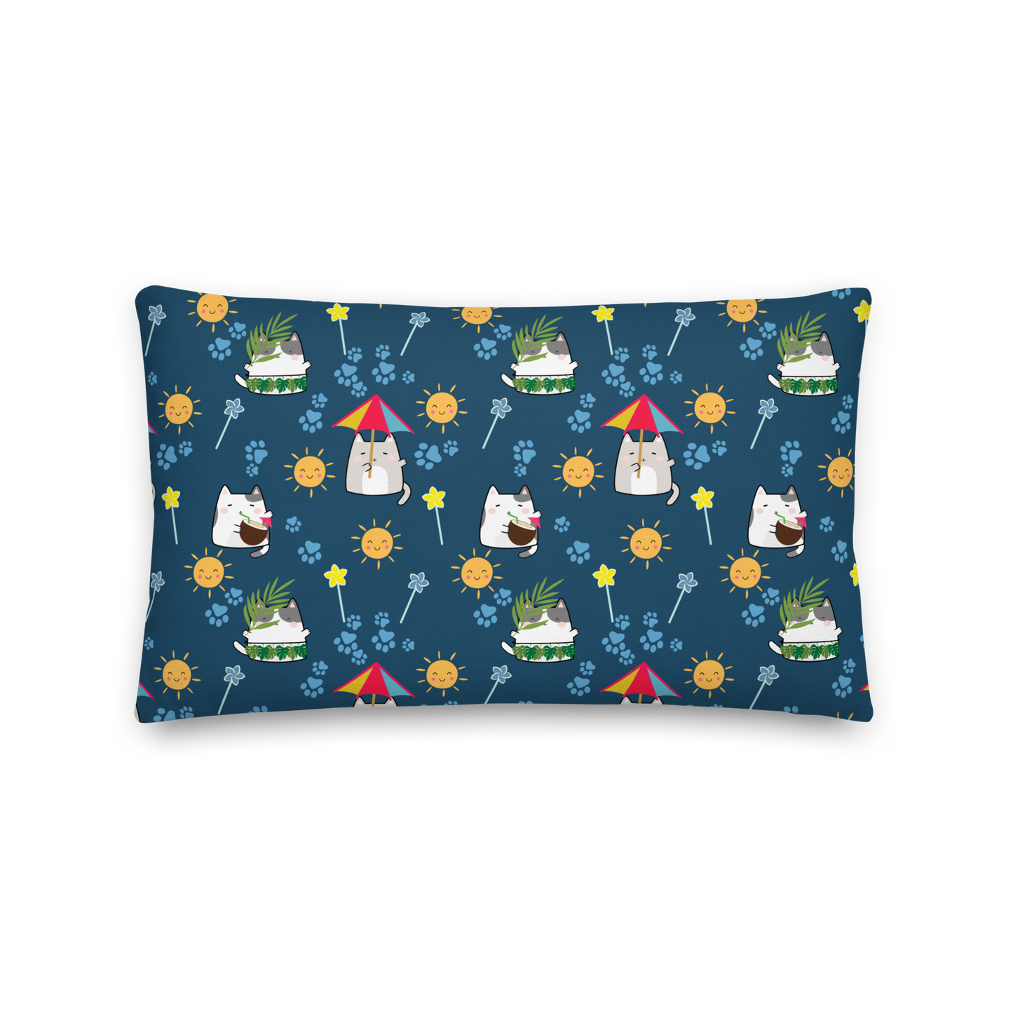 Premium Pillow | 18″×18″, 20″×12″, 22″×22″ | Dark Blue Cute Cat Summer Themed