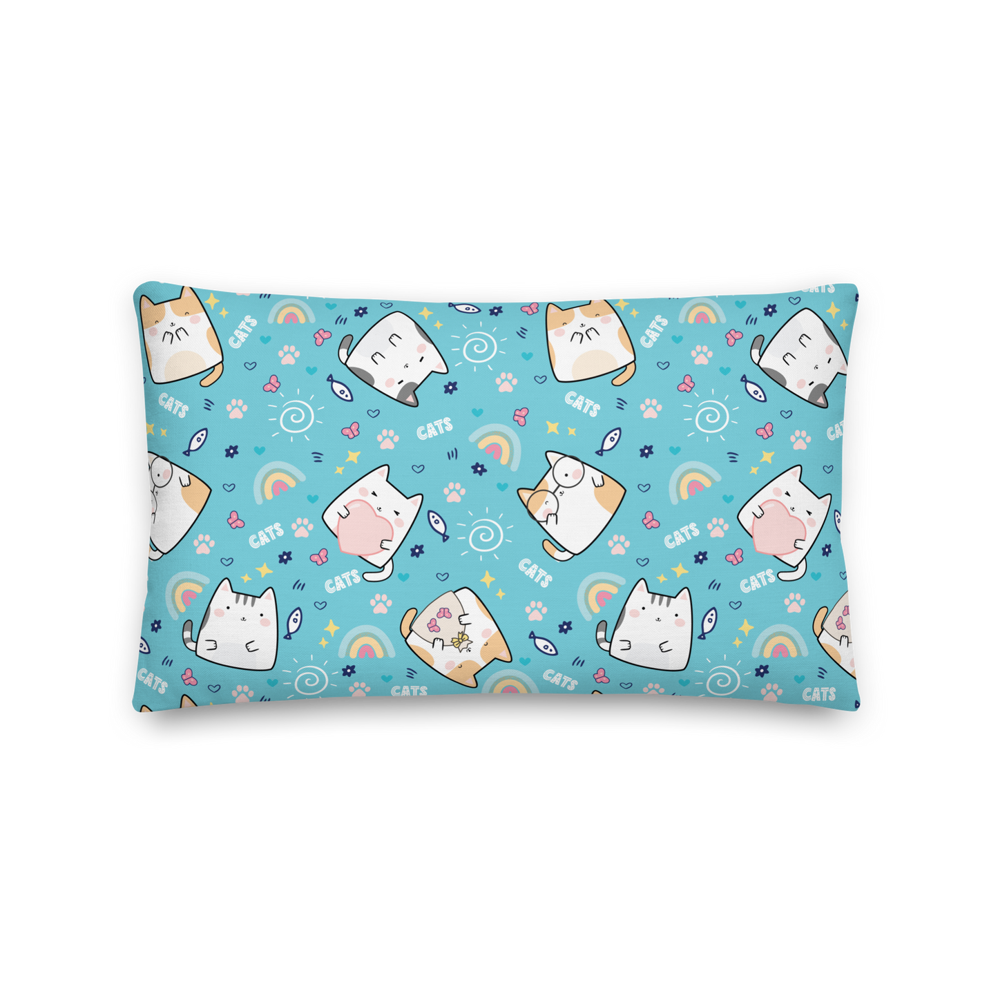 Premium Pillow | 18″×18″, 20″×12″, 22″×22″ | Cat with Heart Blue Background