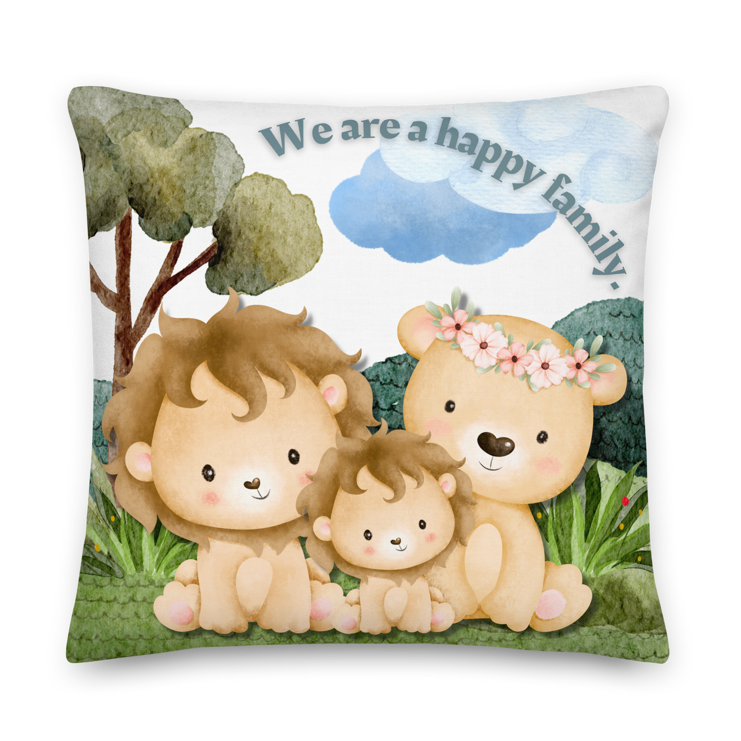 Premium Pillow | 18″×18″, 20″×12″, 22″×22″ | We are a happy family Lion | Animal Themed