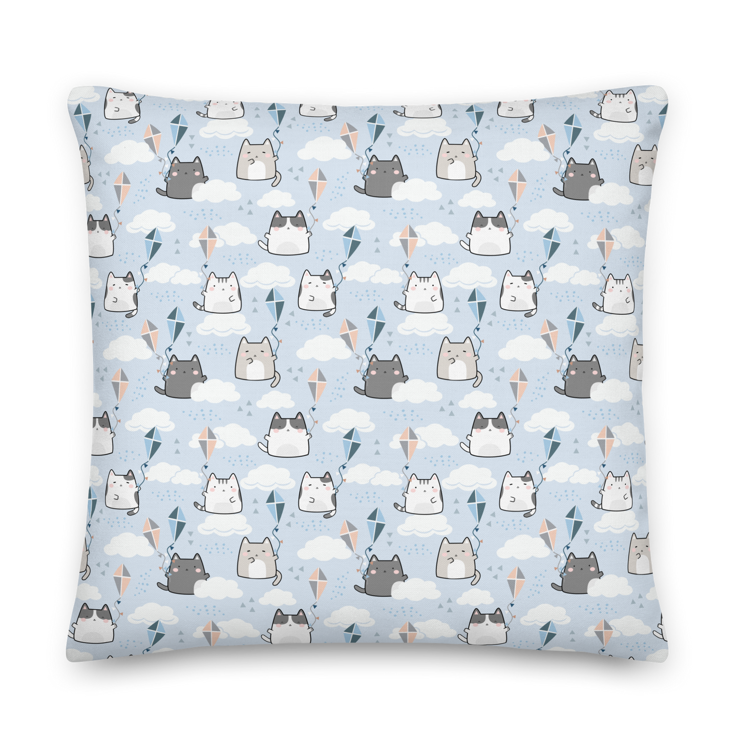 Premium Pillow | 18″×18″, 20″×12″, 22″×22″ | Cute Cat Cloud Kite Light Blue Themed