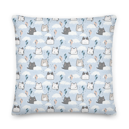 Premium Pillow | 18″×18″, 20″×12″, 22″×22″ | Cute Cat Cloud Kite Light Blue Themed