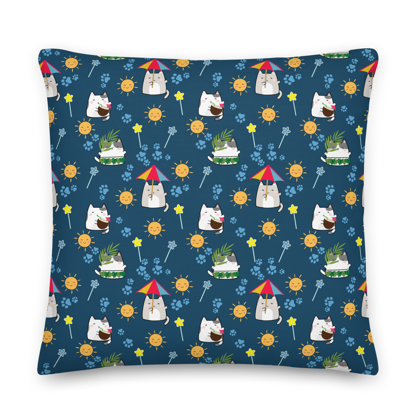 Premium Pillow | 18″×18″, 20″×12″, 22″×22″ | Dark Blue Cute Cat Summer Themed