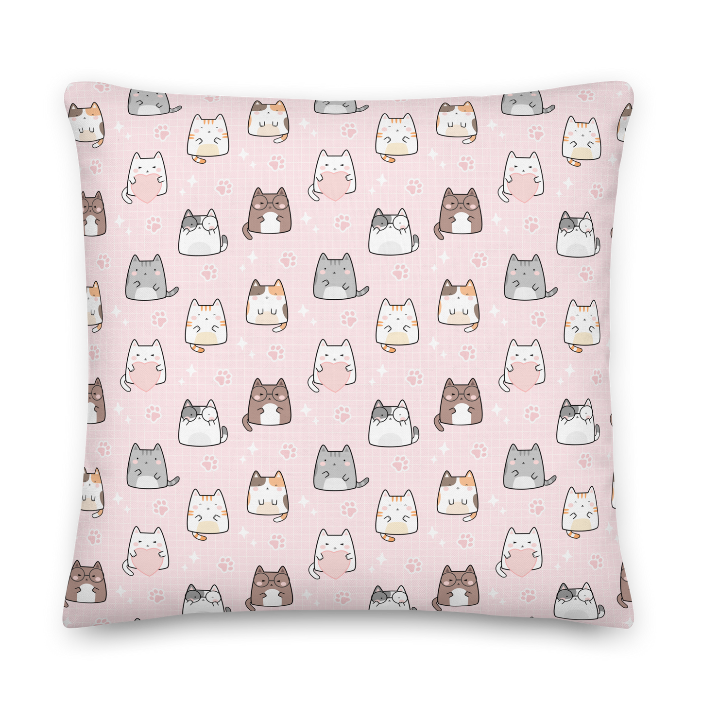 Premium Pillow | 18″×18″, 20″×12″, 22″×22″ | Cat Heart Pink Background