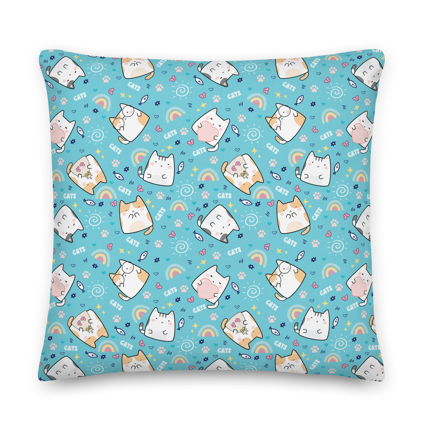 Premium Pillow | 18″×18″, 20″×12″, 22″×22″ | Cat with Heart Blue Background