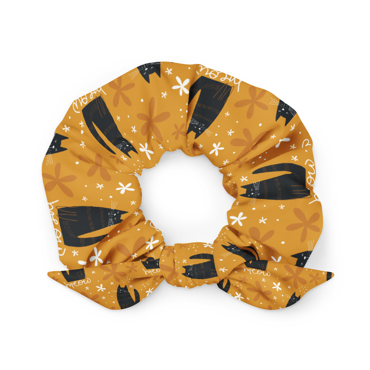 Scrunchie | Cute Black Cat Meow Yellow Background