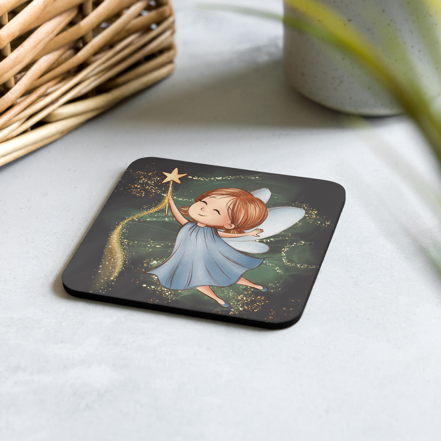 Cork-Back Coaster | Fantasy Cute Blue Fairy