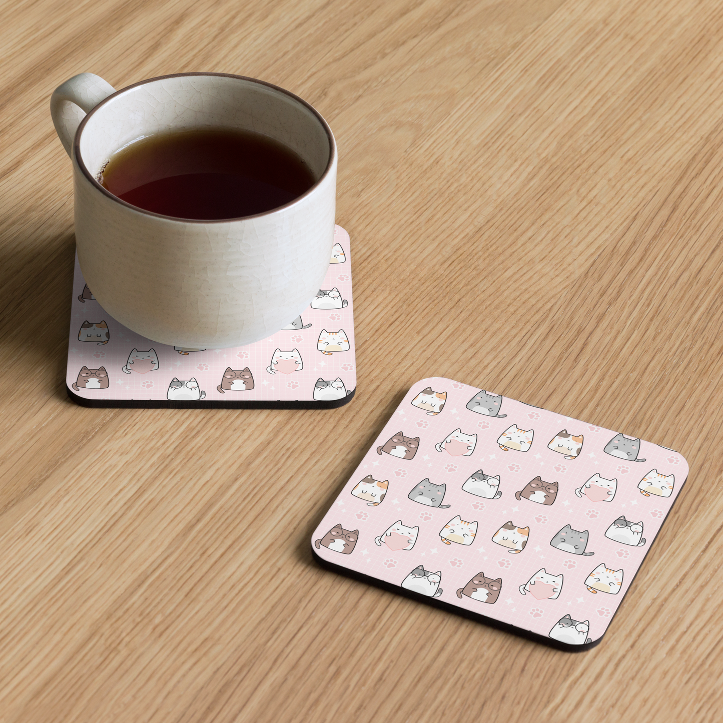 Cork-back coaster | Cute Cat with Pink Background