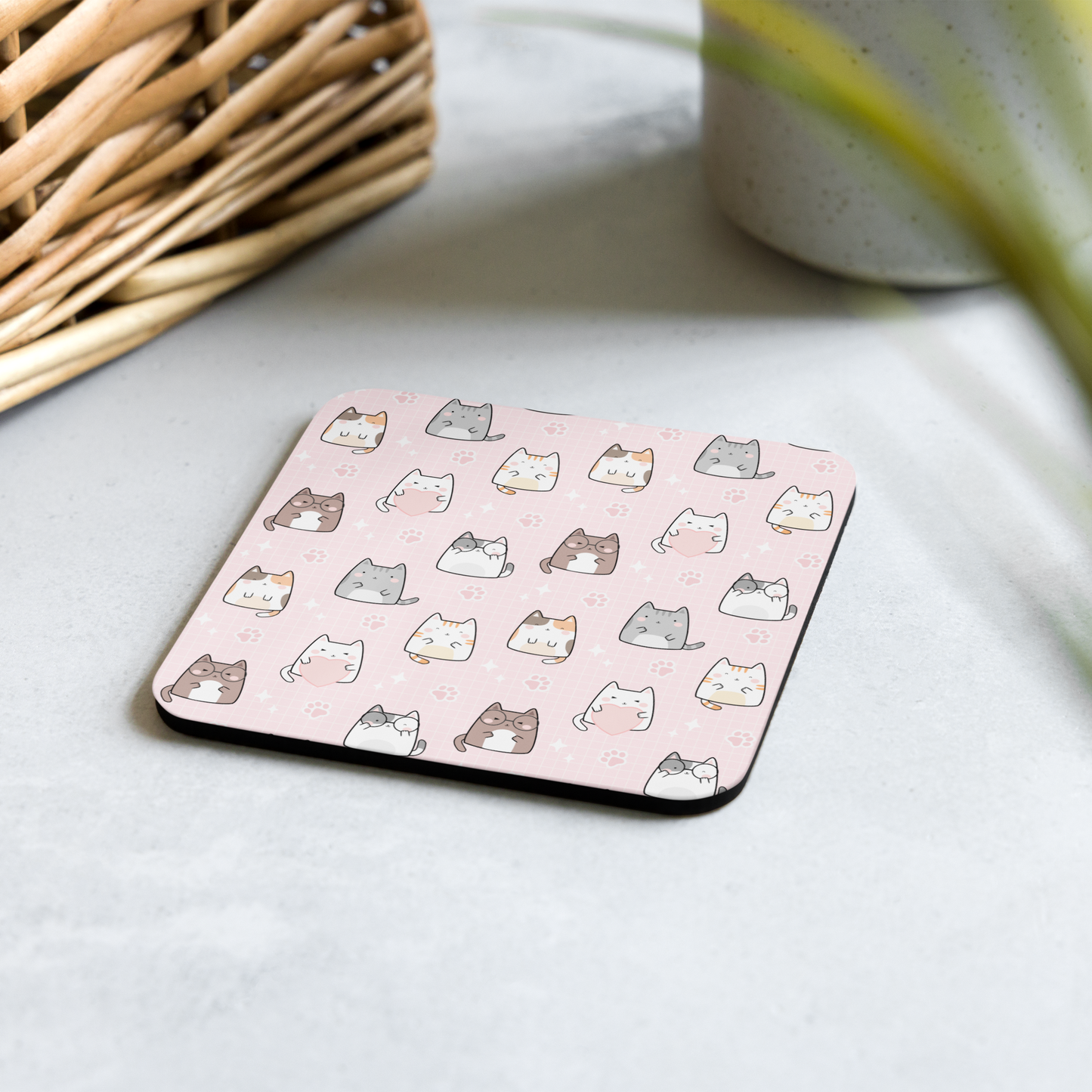 Cork-back coaster | Cute Cat with Pink Background