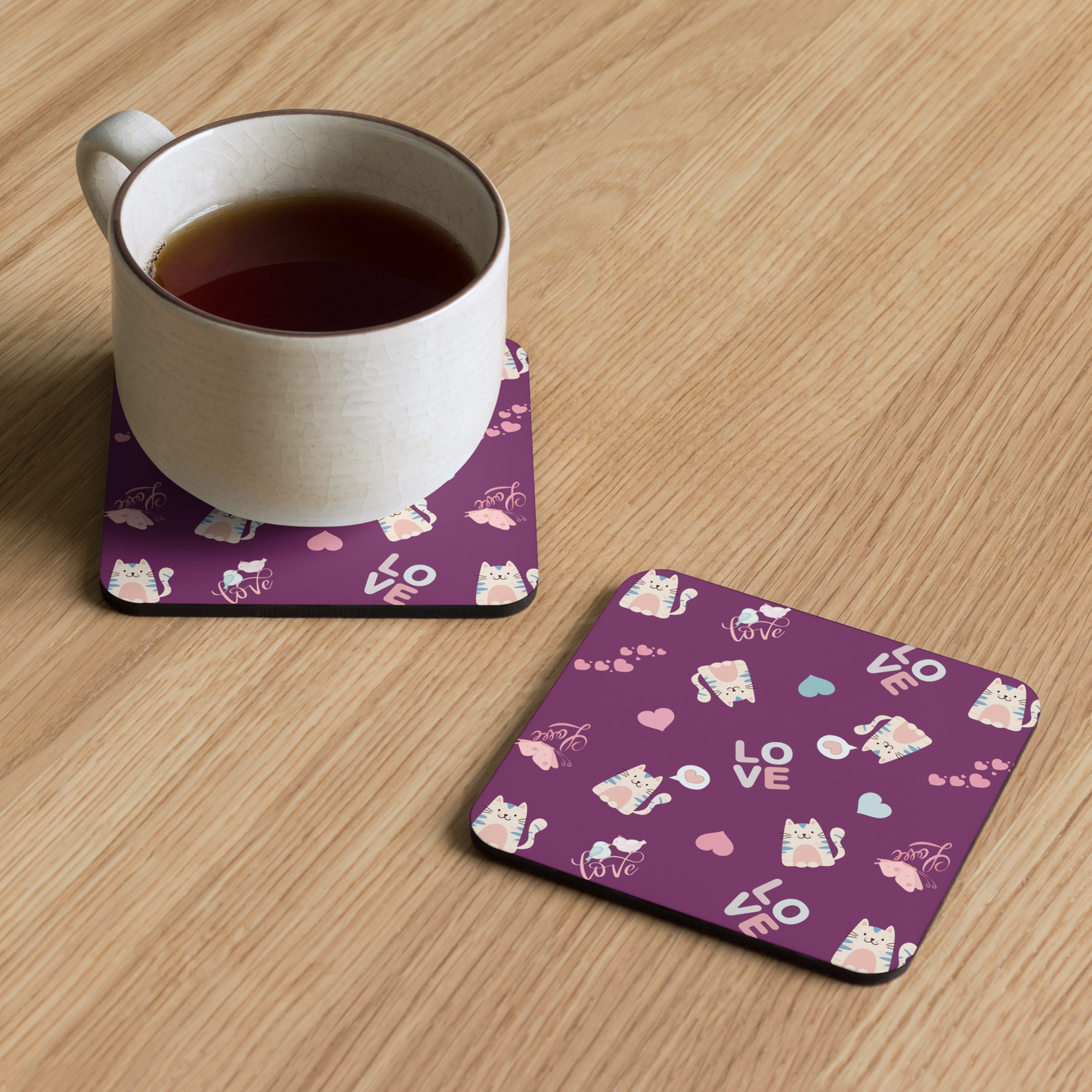 Cork-back Coaster | Adorable Cat Love Theme with Purple Background