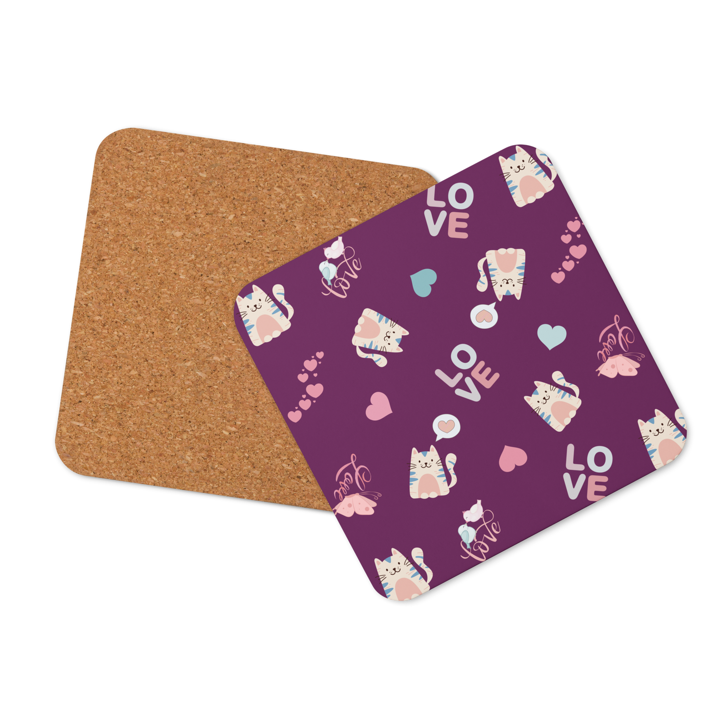 Cork-back Coaster | Adorable Cat Love Theme with Purple Background