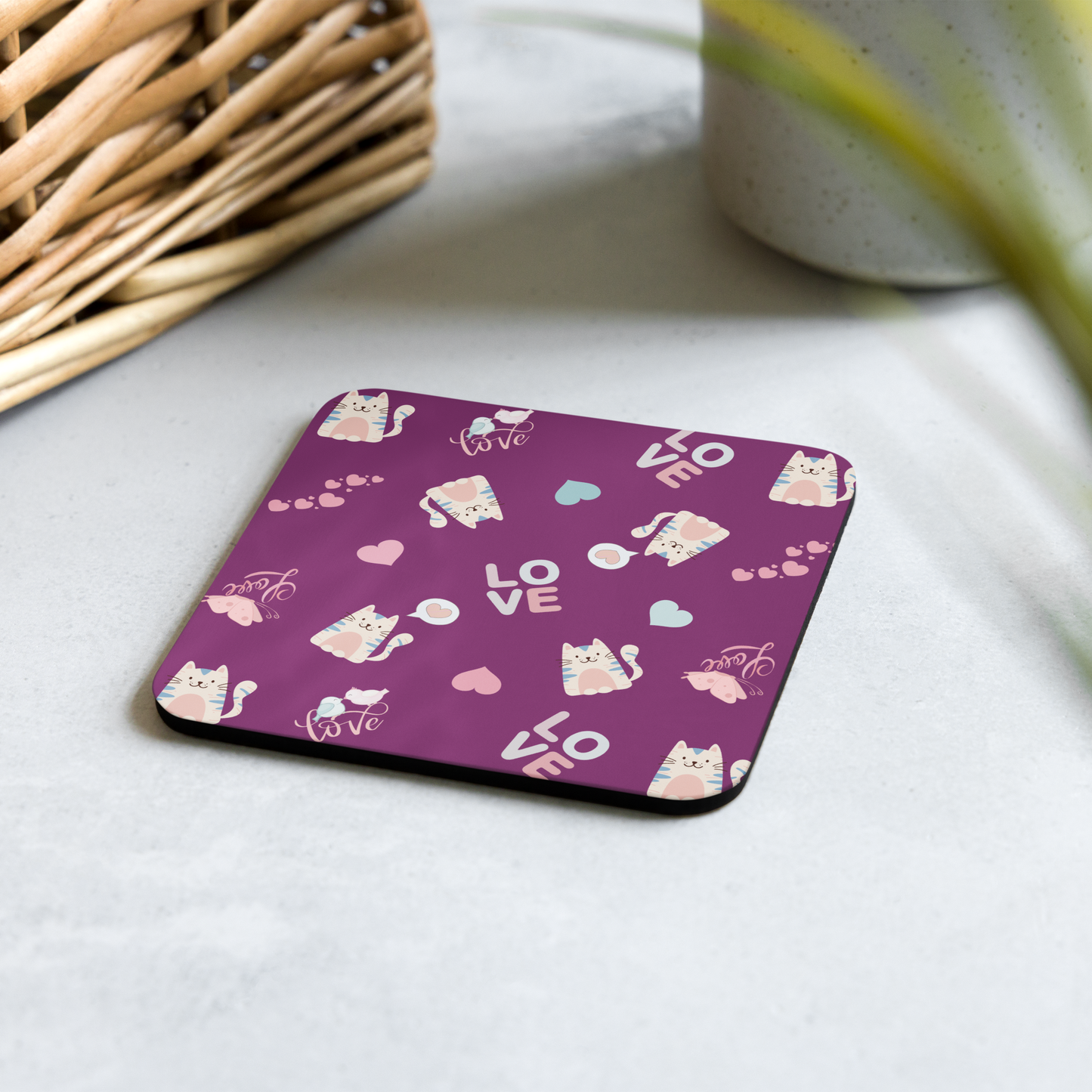 Cork-back Coaster | Adorable Cat Love Theme with Purple Background