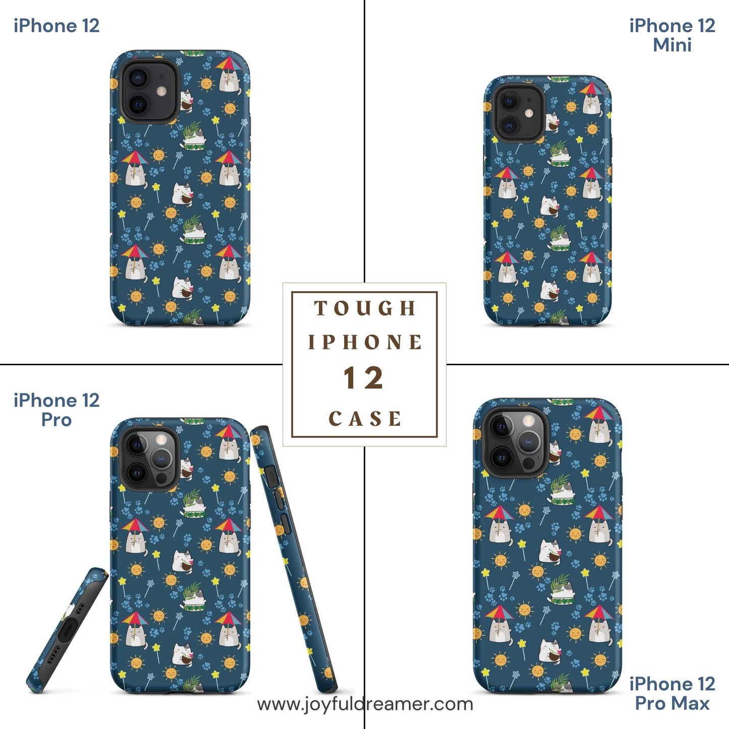 Tough case for iPhone 11, 12, 13, 14, 15 Variations | Cat Summer Umbrella Blue Background