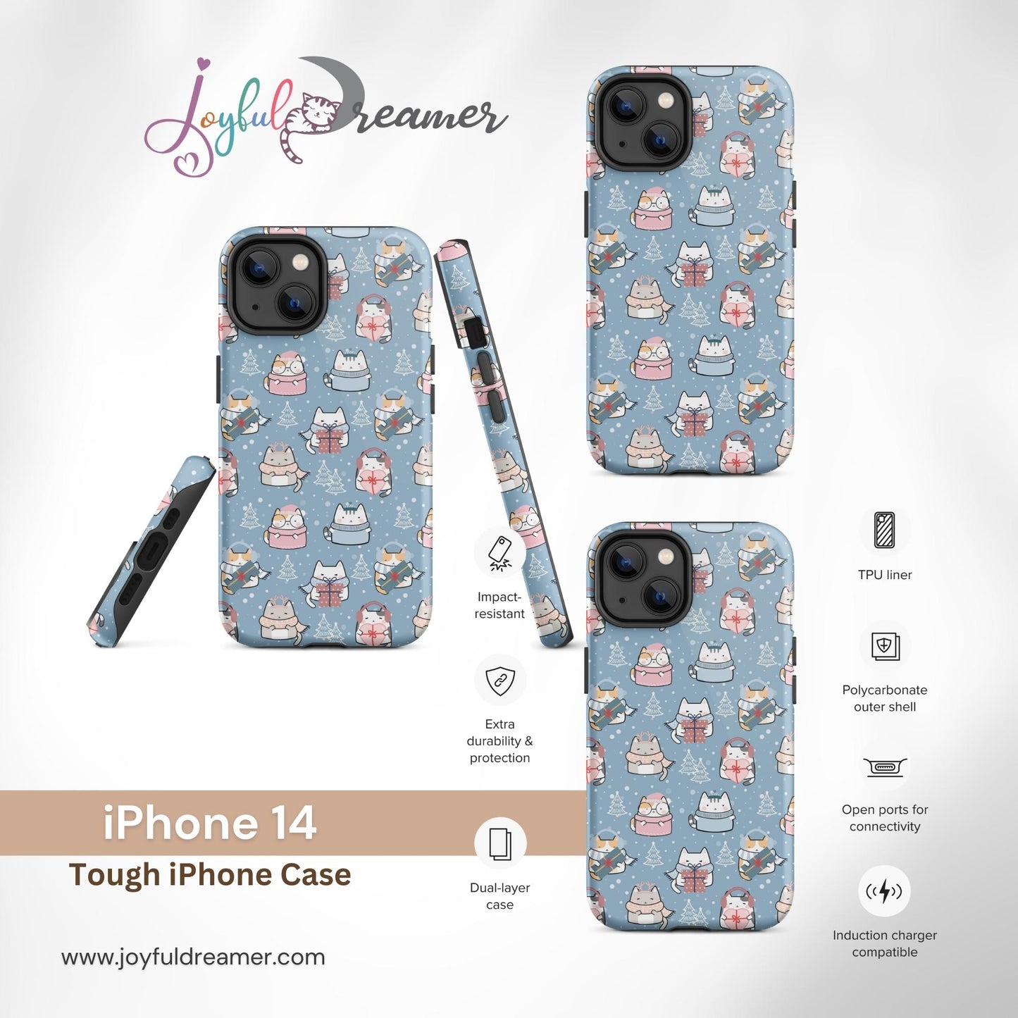 Tough case for iPhone 11, 12, 13, 14, 15 Variations | Cat Winter Blue Background