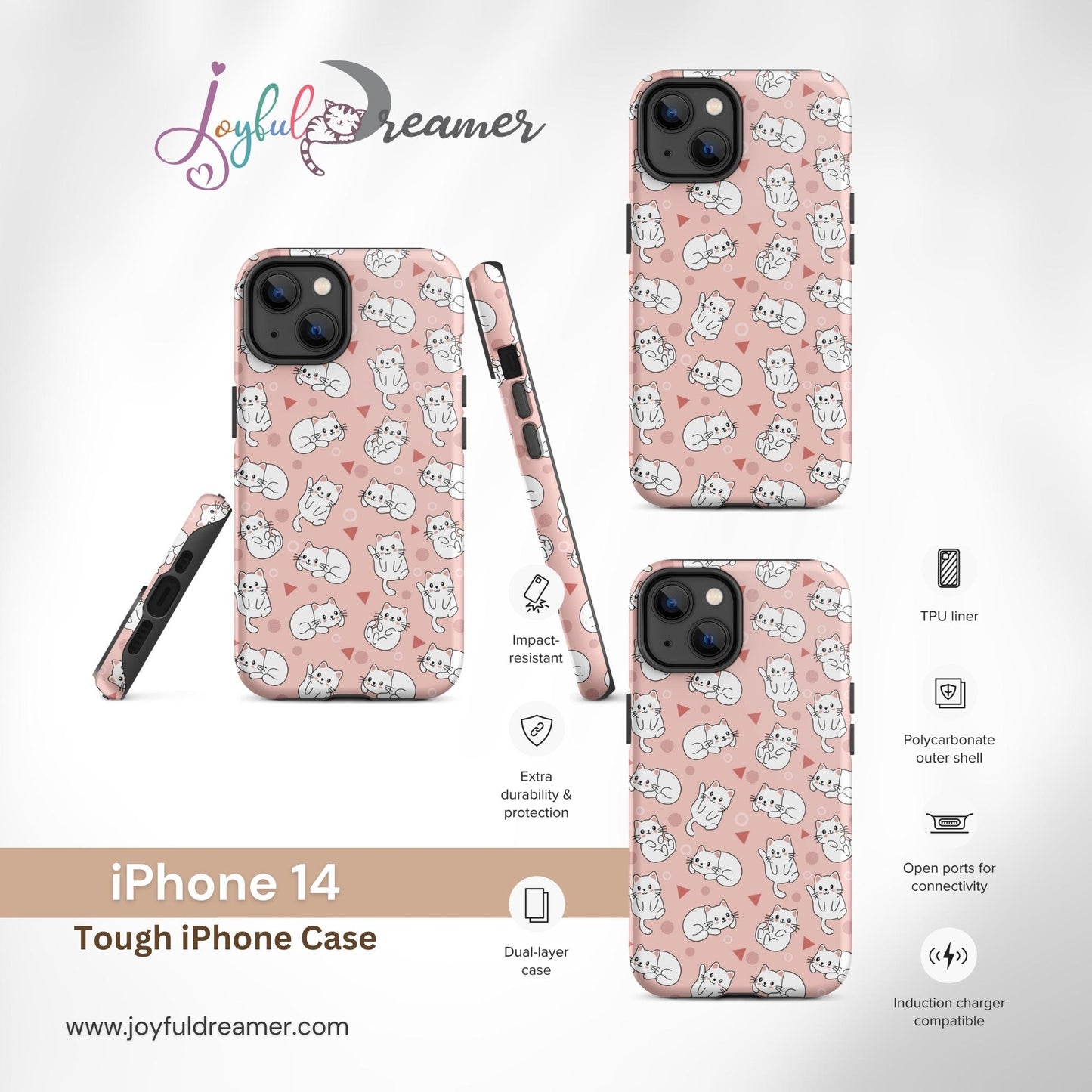 Tough case for iPhone 11, 12, 13, 14, 15, 16 Variations | White Cat Pink Background