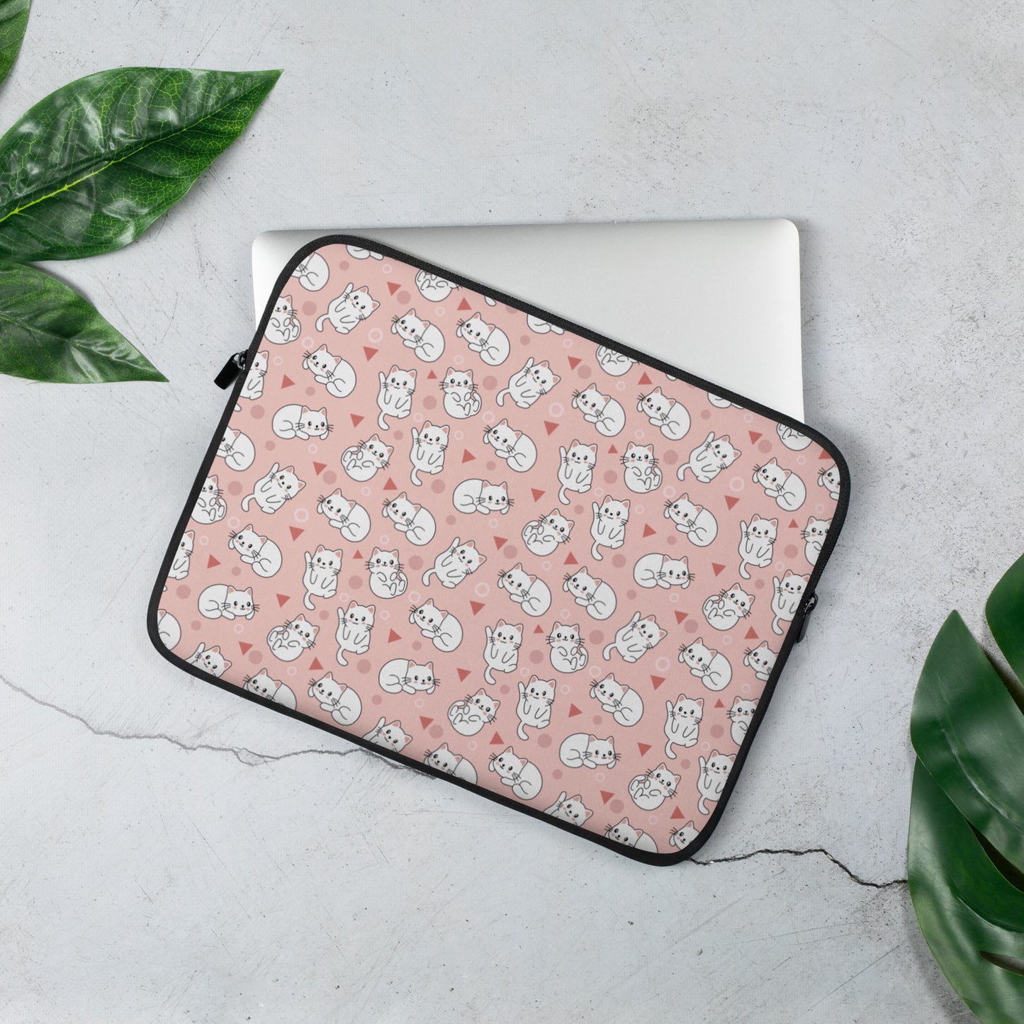 Laptop Sleeve 13" or 15" | Cute White Cat Theme with Pink Background