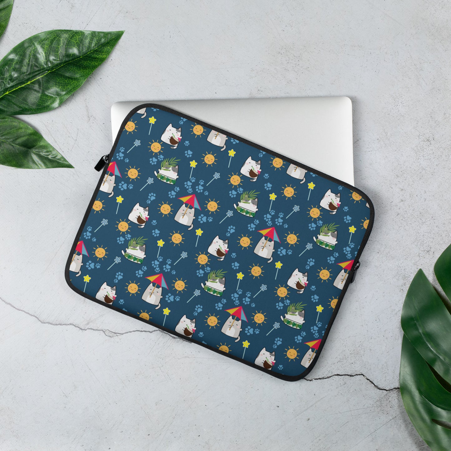 Laptop Sleeve 13" or 15" | Dark Blue Cute Summer Cat Themed