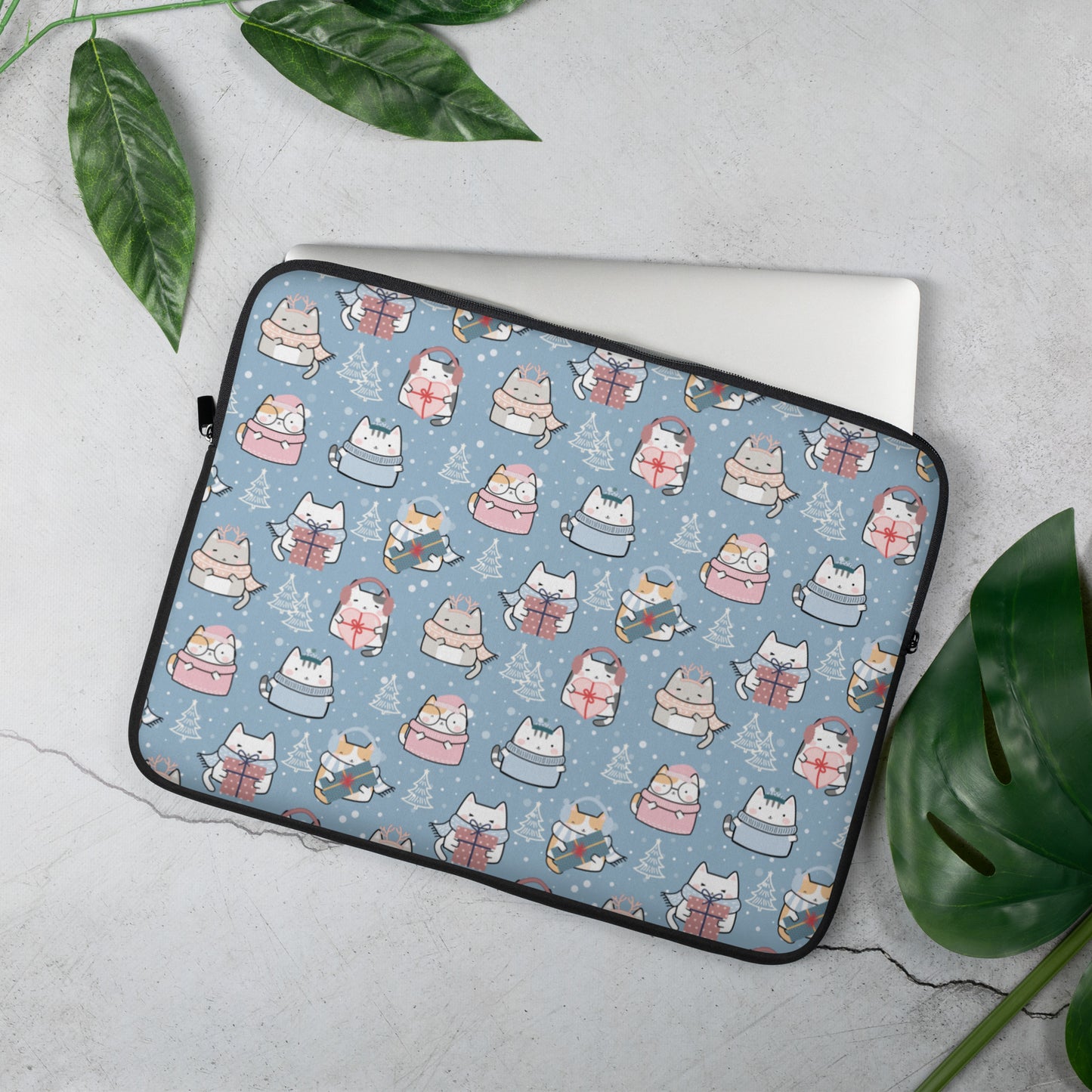 Laptop Sleeve 13" or 15" | Blue Cute Cat Winter Themed