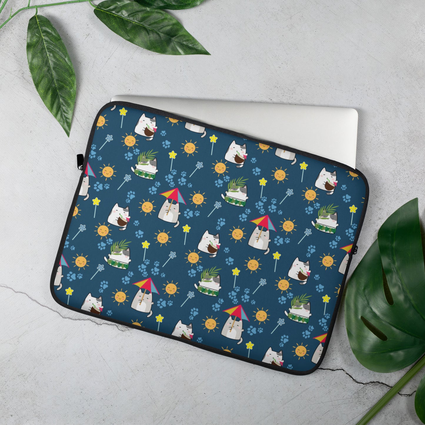 Laptop Sleeve 13" or 15" | Dark Blue Cute Summer Cat Themed