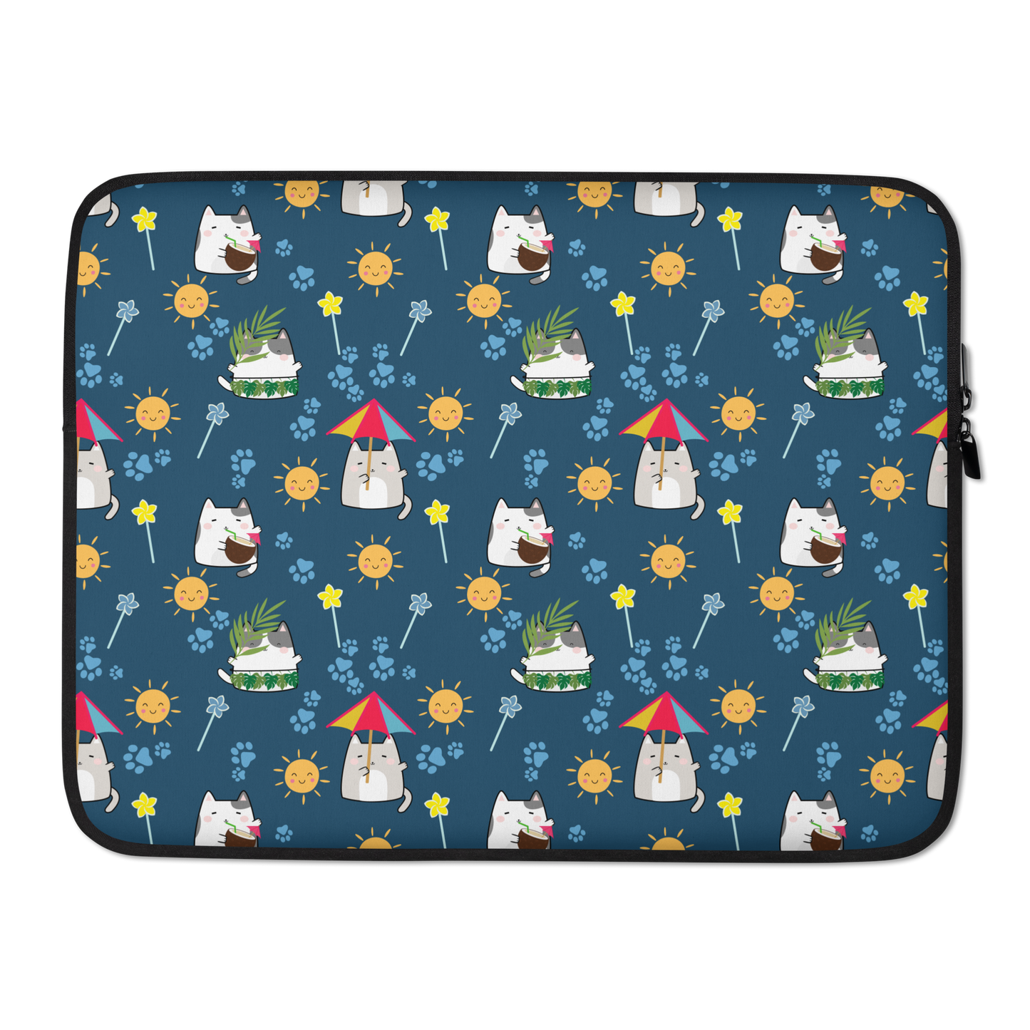 Laptop Sleeve 13" or 15" | Dark Blue Cute Summer Cat Themed