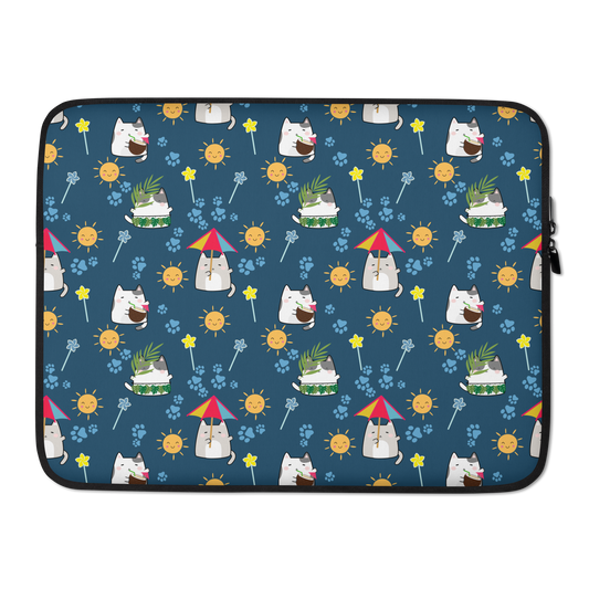 Laptop Sleeve 13" or 15" | Dark Blue Cute Summer Cat Themed