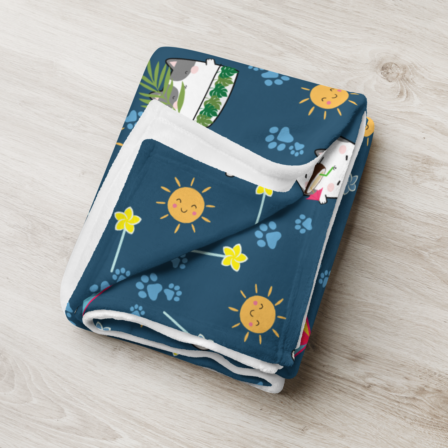 Throw Blanket | Cute Summer Cat Themed with Dark Blue Background