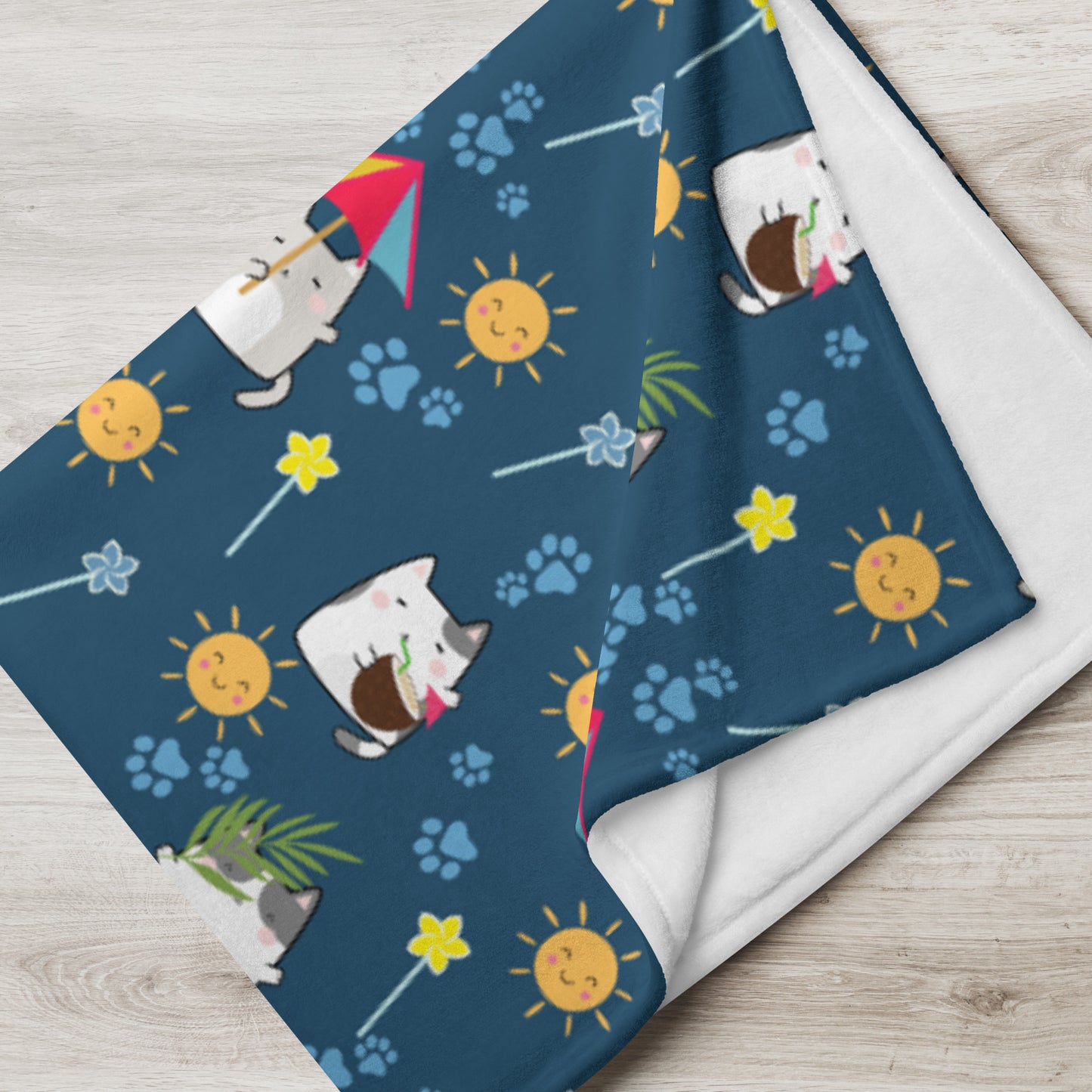 Throw Blanket | Cute Summer Cat Themed with Dark Blue Background