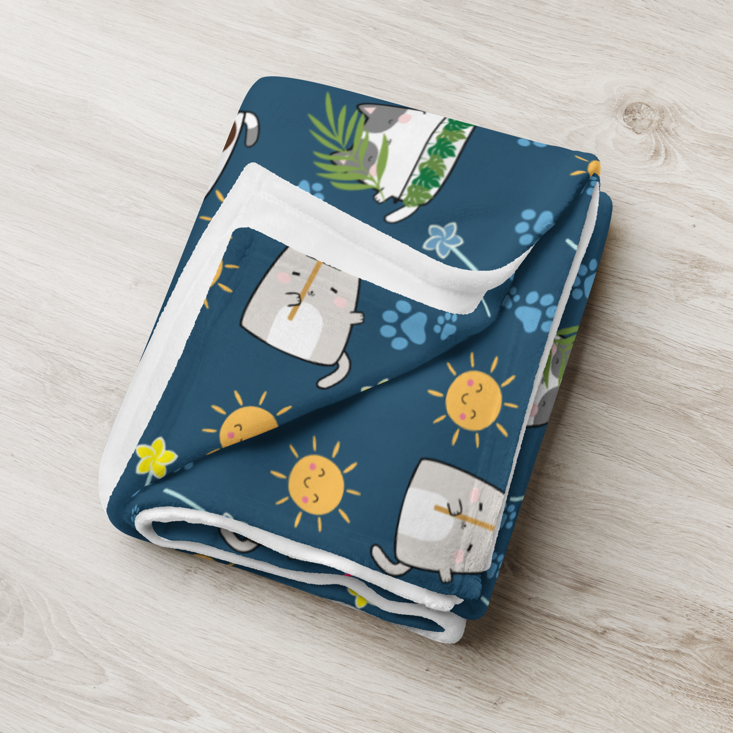 Throw Blanket | Cute Summer Cat Themed with Dark Blue Background