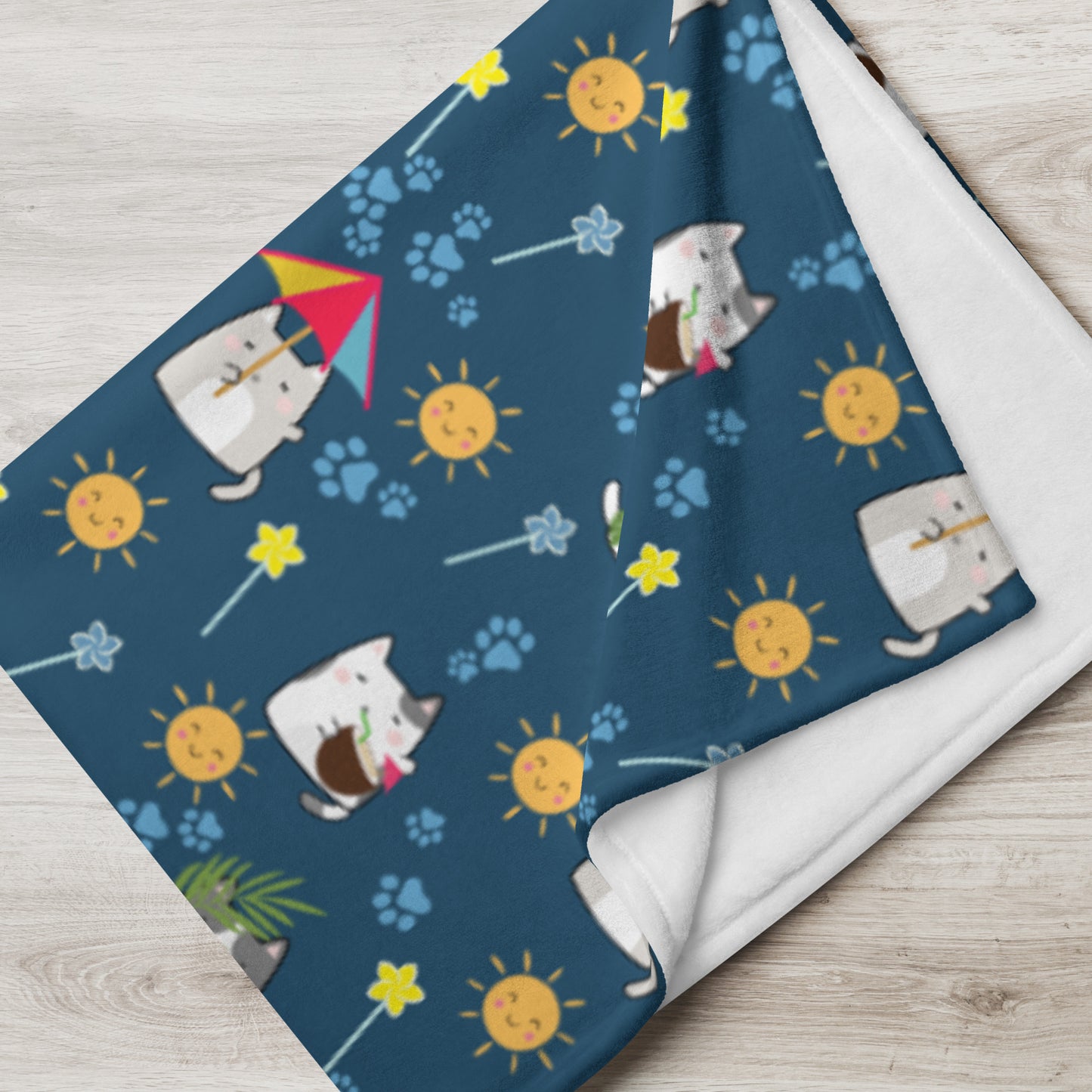 Throw Blanket | Cute Summer Cat Themed with Dark Blue Background