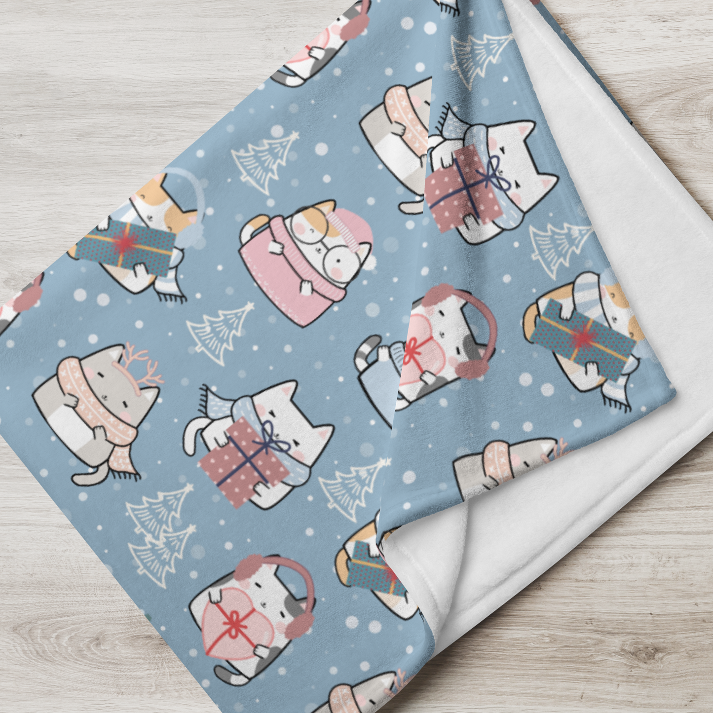 Throw Blanket | Cute Cat Winter Themed with Blue Background