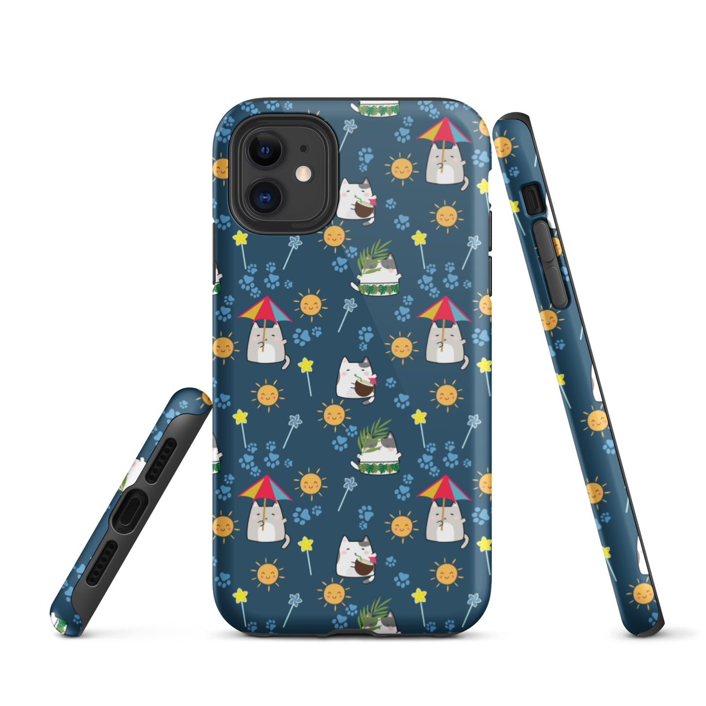 Tough case for iPhone 11, 12, 13, 14, 15 Variations | Cat Summer Umbrella Blue Background