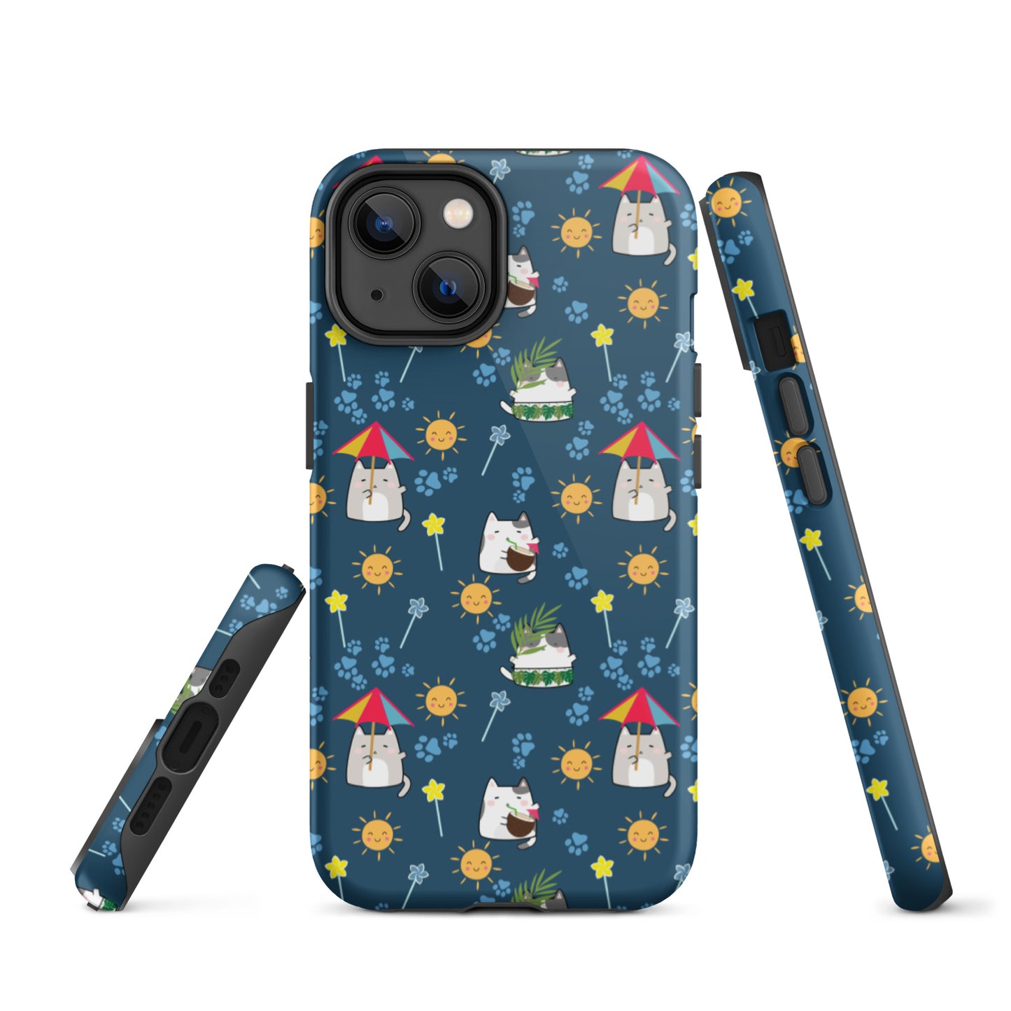 Tough case for iPhone 11, 12, 13, 14, 15 Variations | Cat Summer Umbrella Blue Background