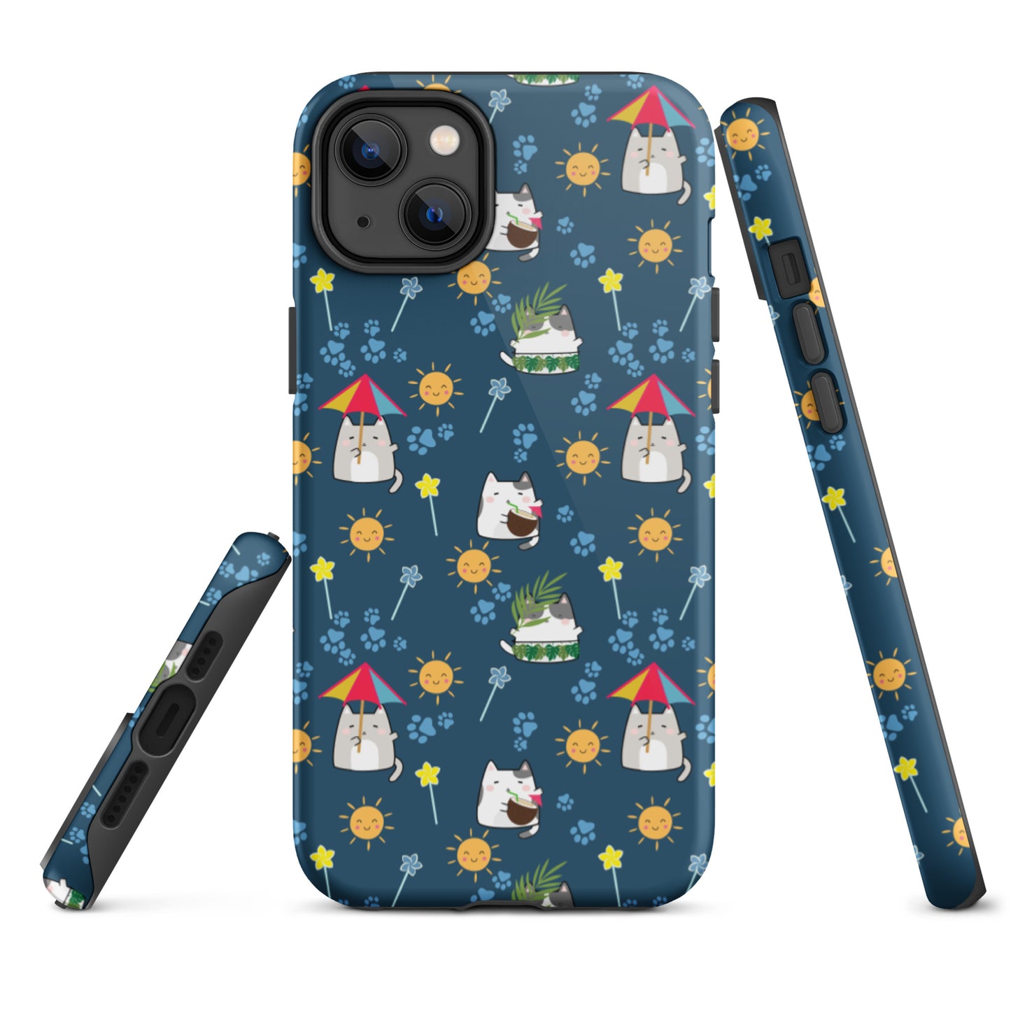 Tough case for iPhone 11, 12, 13, 14, 15 Variations | Cat Summer Umbrella Blue Background