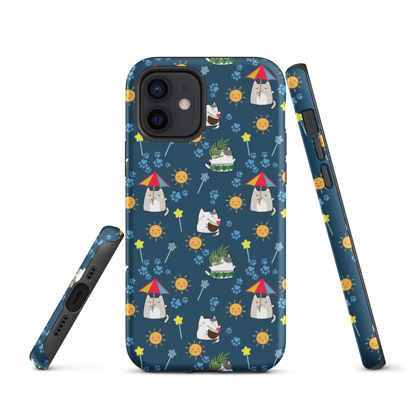 Tough case for iPhone 11, 12, 13, 14, 15 Variations | Cat Summer Umbrella Blue Background