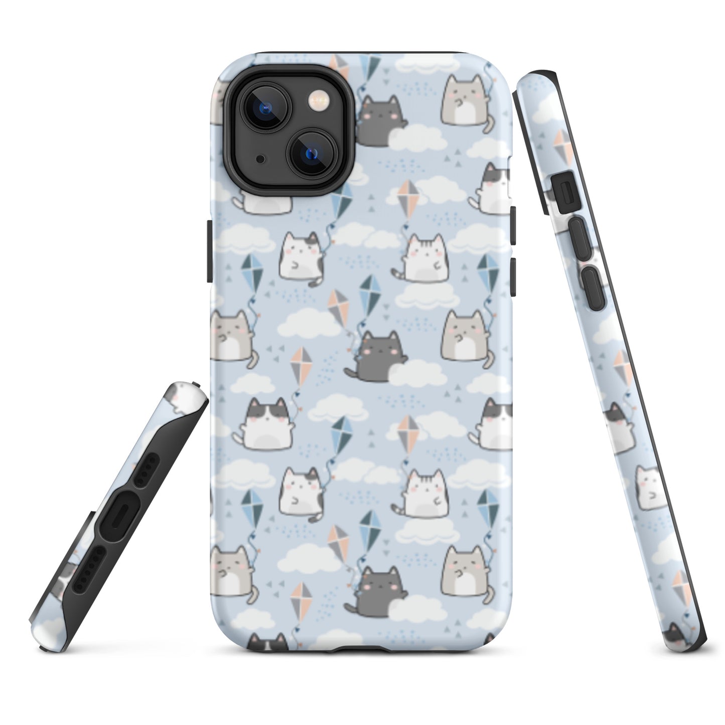 Tough case for iPhone 11, 12, 13, 14, 15, 16 Variations | Cat Cloud Kite LightBlue Background