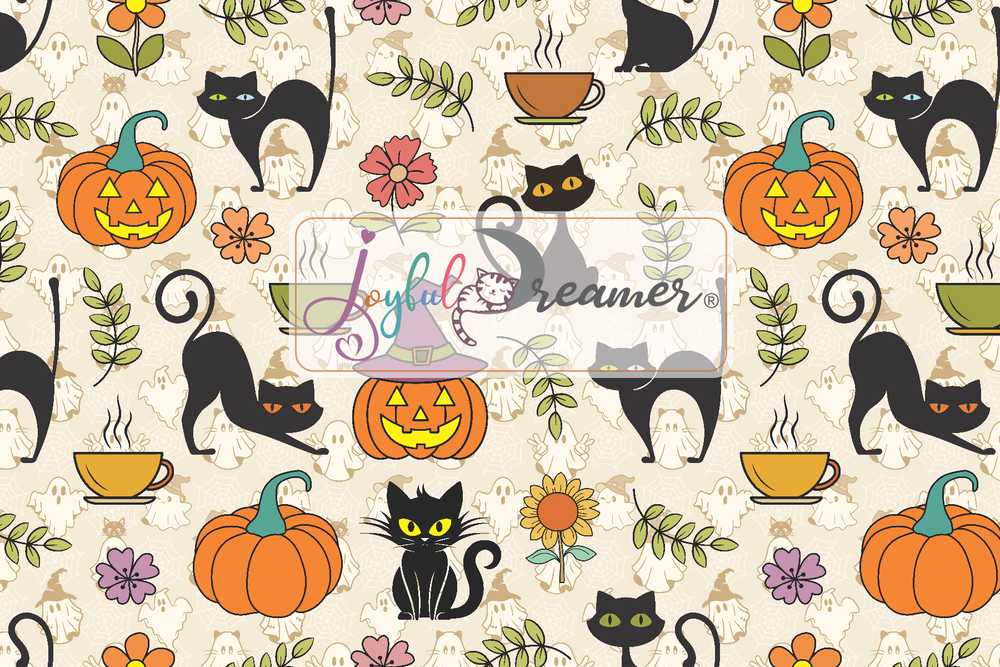 Retro Halloween Black Cat Cafe Tea Time