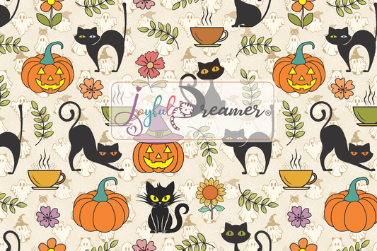 Retro Halloween Black Cat Cafe Tea Time