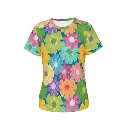 Women's Short Sleeves T-Shirt | Vibrant Daisy Floral Block Prints Design
