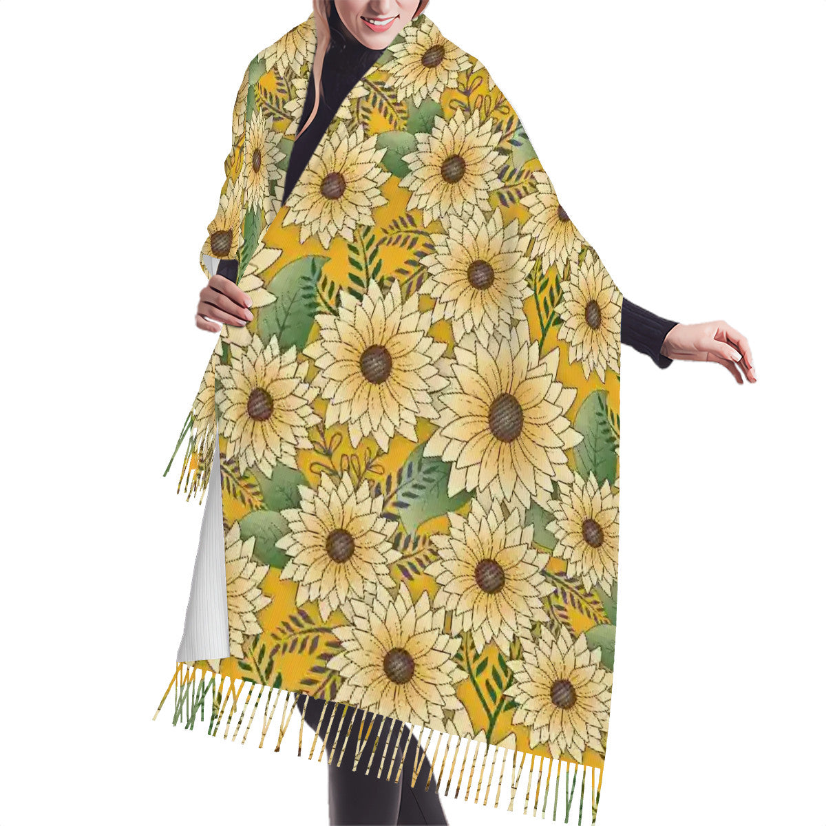 Fringed Scarf | Bold Floral Design Yellow Sunny Sunflower Garden